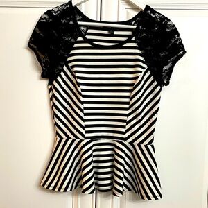 I Z Byer Women’s Size Medium Short Sleeve Fitted Top Peplum Black White Stripe